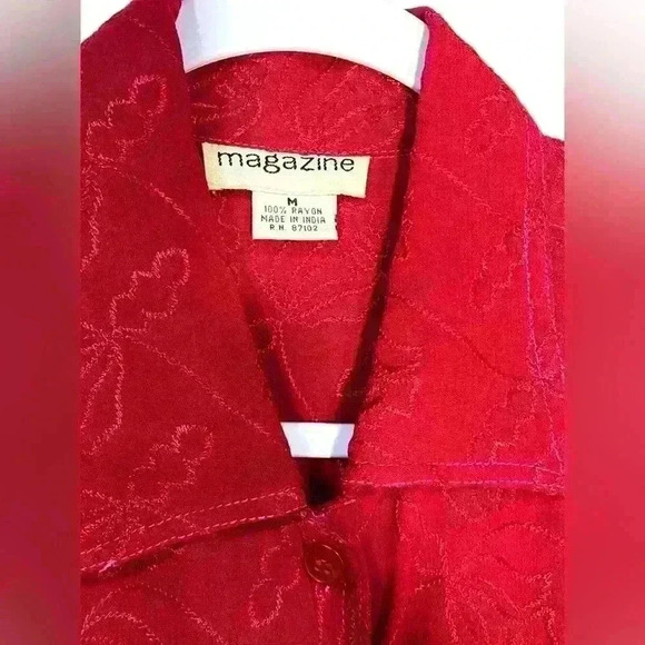 Women’s Sheer Red Button Down Blouse Decorative Embroidery Two Pocket Size M - Picture 6 of 8